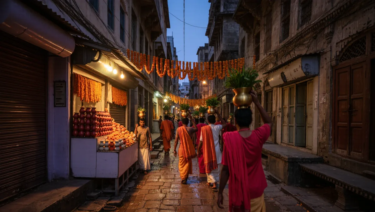 Devotees carrying brass lotas of water walk in line down a narrow Varanasi lane strung with marigolds before dawn