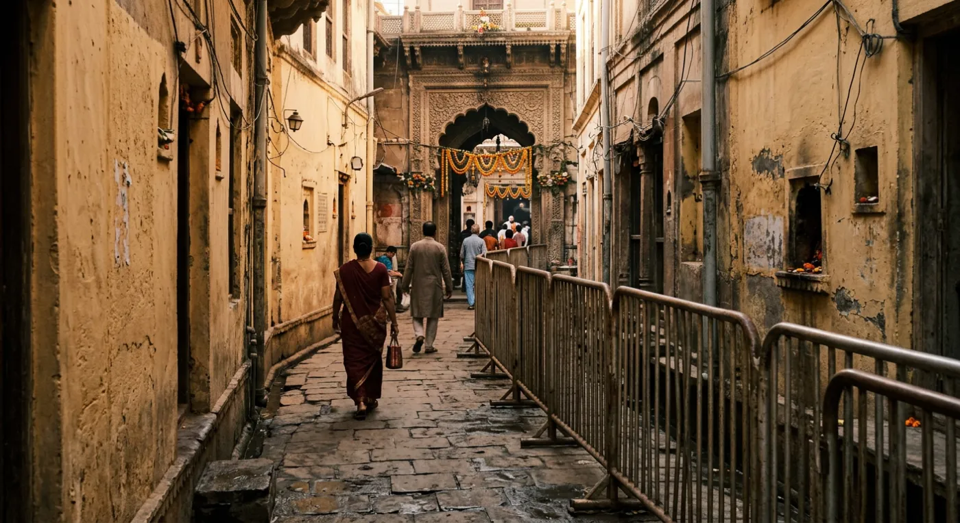 A woman in a red sari walks down a wet stone lane in old Varanasi beside metal queue barricades, toward an arched gateway hung with marigolds
