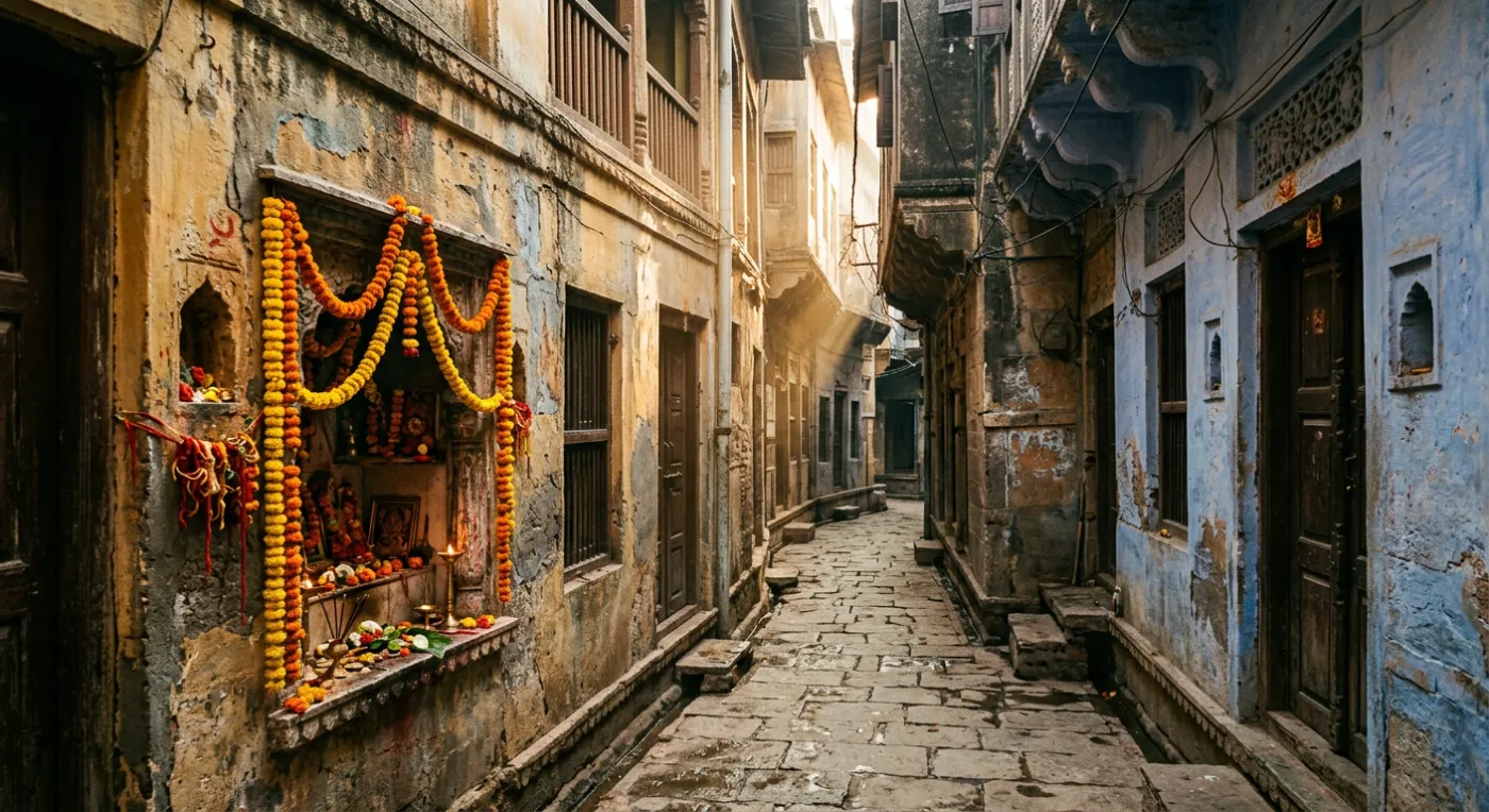 A narrow flagstone lane in the Varanasi old city, with a marigold-draped shrine set into the wall — the last stretch to the temple, which no vehicle can drive