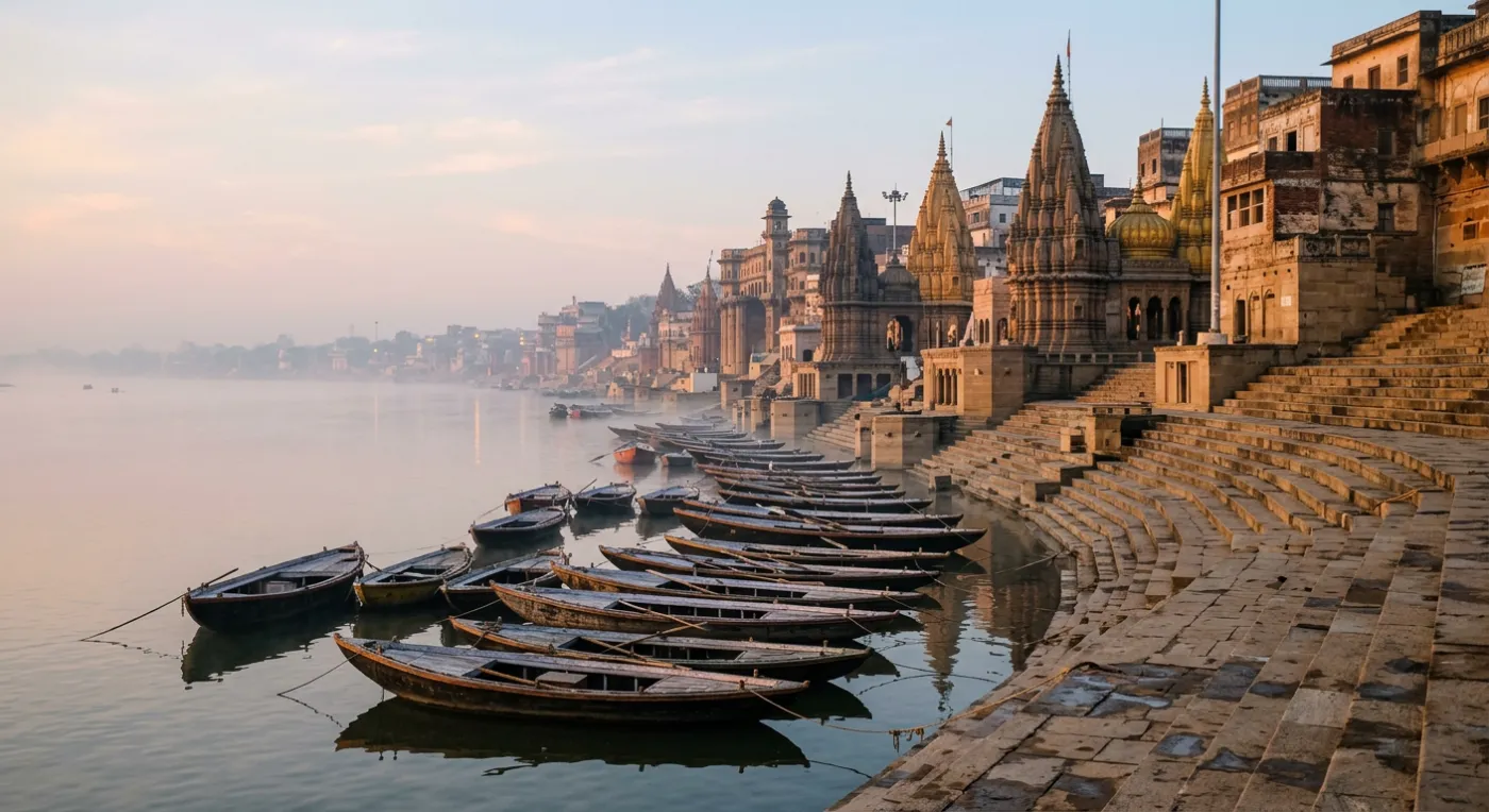 Wooden boats moored below the sandstone ghats and temple spires of Varanasi at dawn, with mist on the Ganga